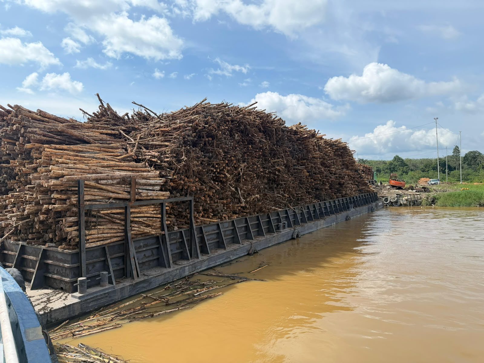 A barge fully loaded with logs on a river waterway