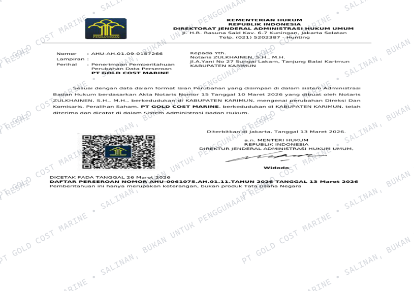 Scan of PT Gold Cost Marine's Ministry of Law and Human Rights decree